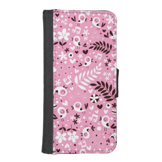 cute birds and flowers pink pattern iPhone wallet case (Front)