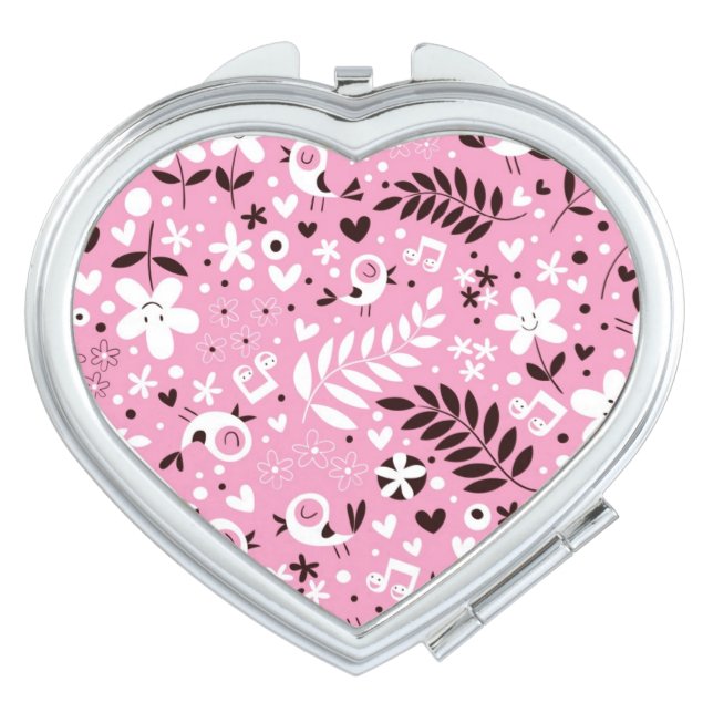 cute birds and flowers pink pattern makeup mirror (Front)