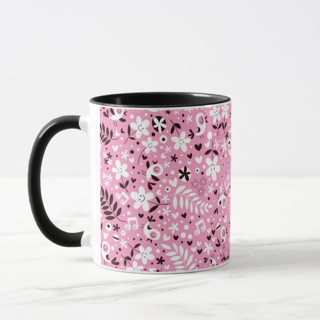 cute birds and flowers pink pattern mug (Left)
