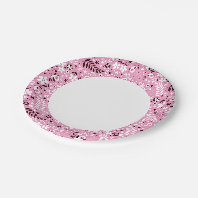 cute birds and flowers pink pattern paper plates (Angled)