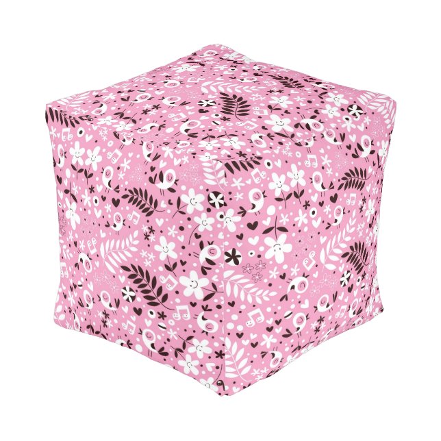 cute birds and flowers pink pattern pouf (Angled Front)