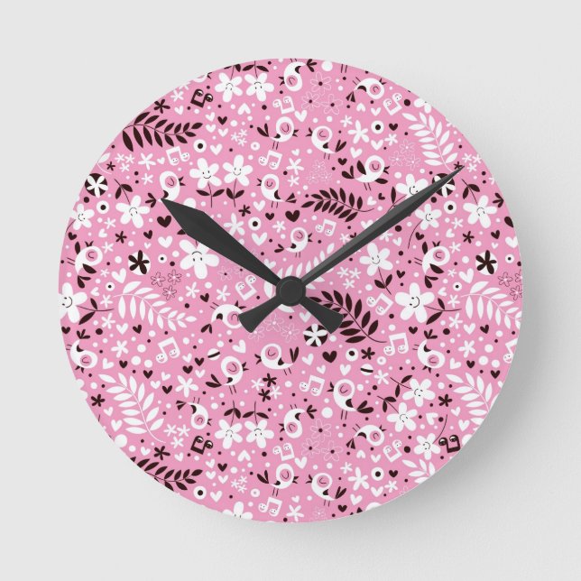 cute birds and flowers pink pattern round clock (Front)