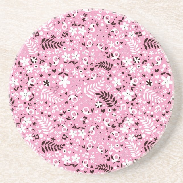 cute birds and flowers pink pattern sandstone coaster (Front)