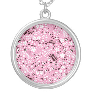 cute birds and flowers pink pattern silver plated necklace