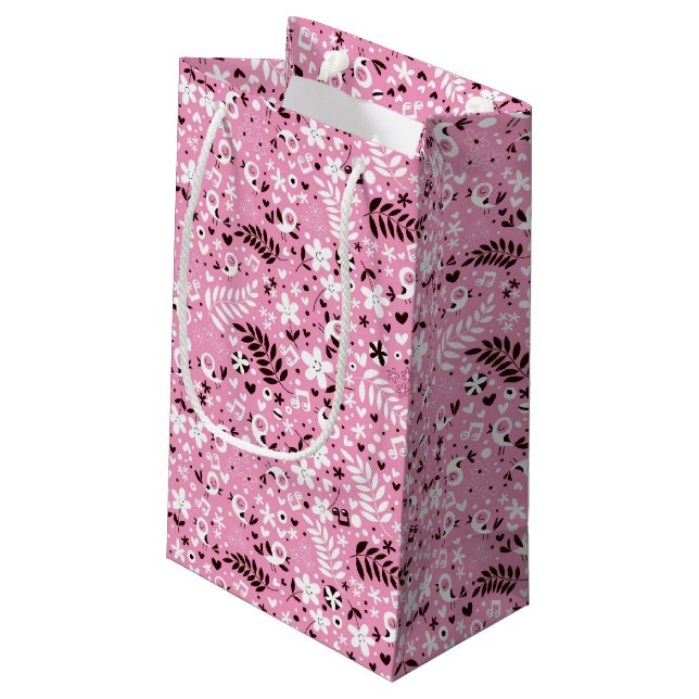 cute birds and flowers pink pattern small gift bag (Back Angled)