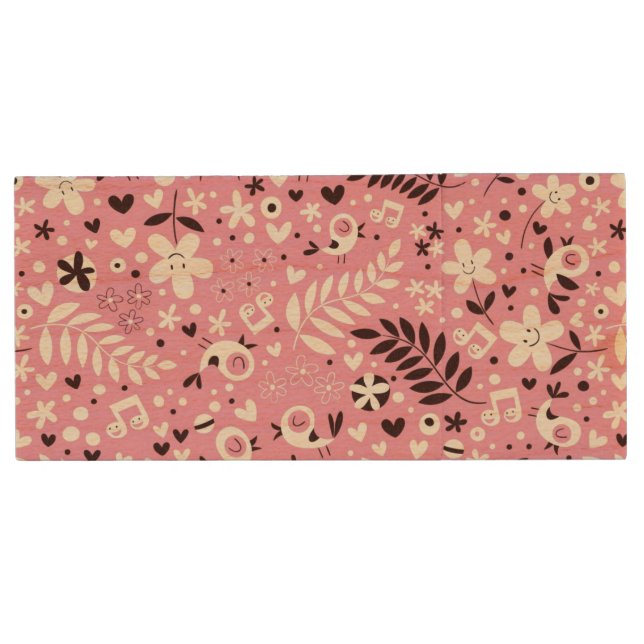 cute birds and flowers pink pattern wood USB flash drive (Front)