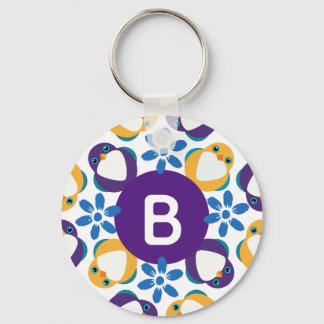 Cute Birds and Flowers Wreath Monogrammed Keychain
