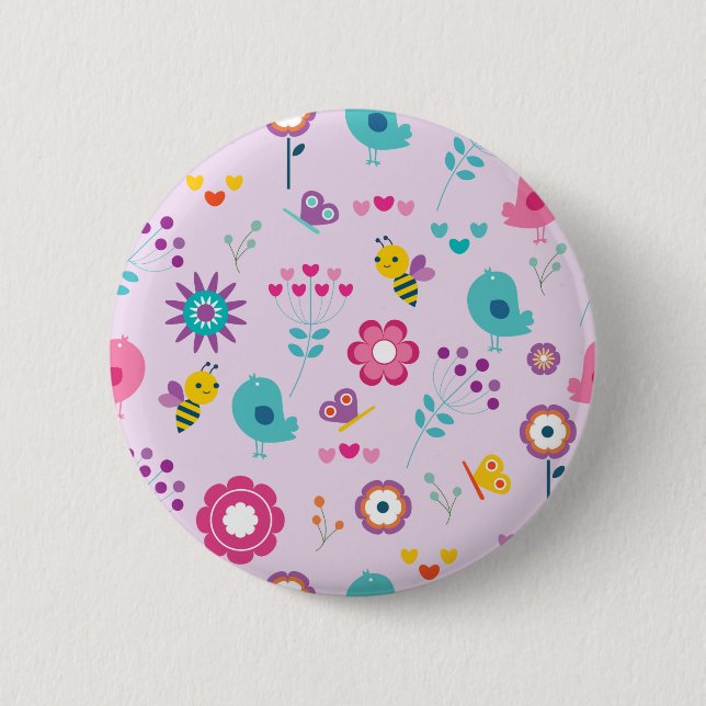 Cute Birds, Bees and Flowers Illustration Button (Front)