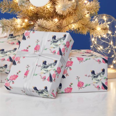 Cute Birds Black Gray Pink Flowers Wrapping Paper