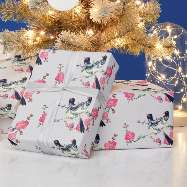 Cute Birds Black Gray Pink Flowers Wrapping Paper (Holidays)