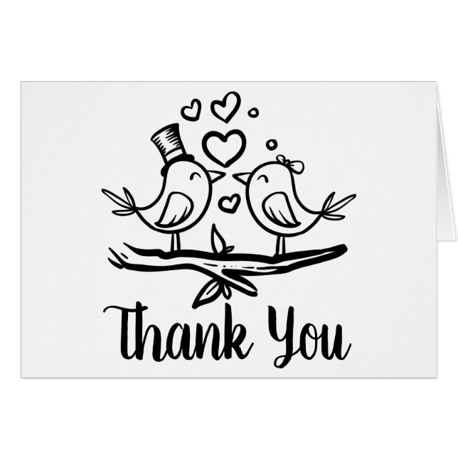 Cute Birds Black White Lovebirds Wedding Thank You (Front Horizontal)