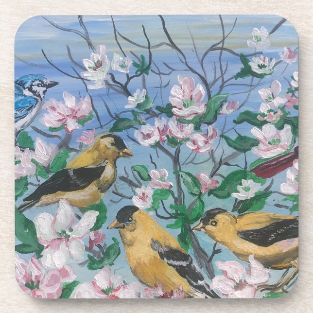 Cute Birds Blue/Yellow Finch Blossoms  Beverage Coaster (Front)