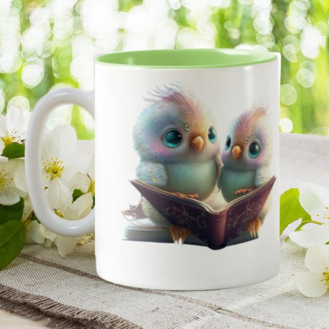 Cute Birds Books & Brew Personalized  Two-Tone Coffee Mug (Creator Uploaded)