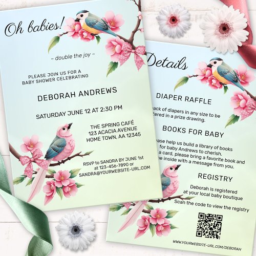 Cute Birds Bow Twins Baby Shower Invitation