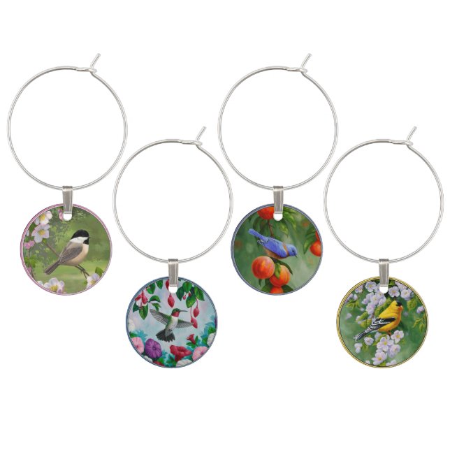 Cute Birds Chickadee Hummingbird Bluebird Goldfinc Wine Charm (Staggered)