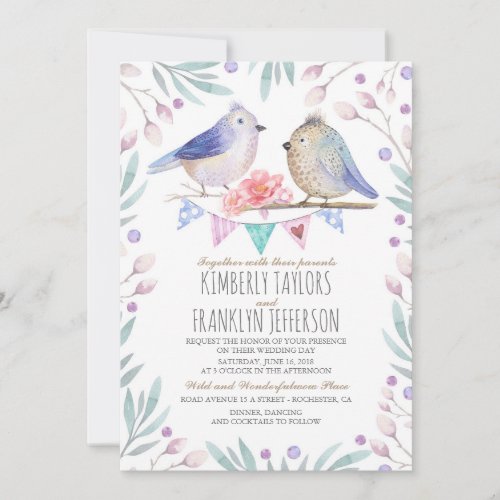 Cute Birds Couple Pink Floral Tree Wedding Invitation