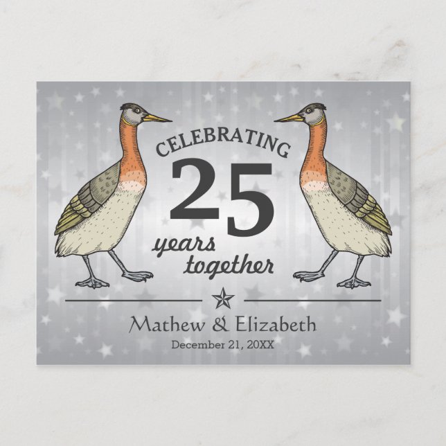 Cute Birds Custom Silver 25th Wedding Anniversary Postcard (Front)