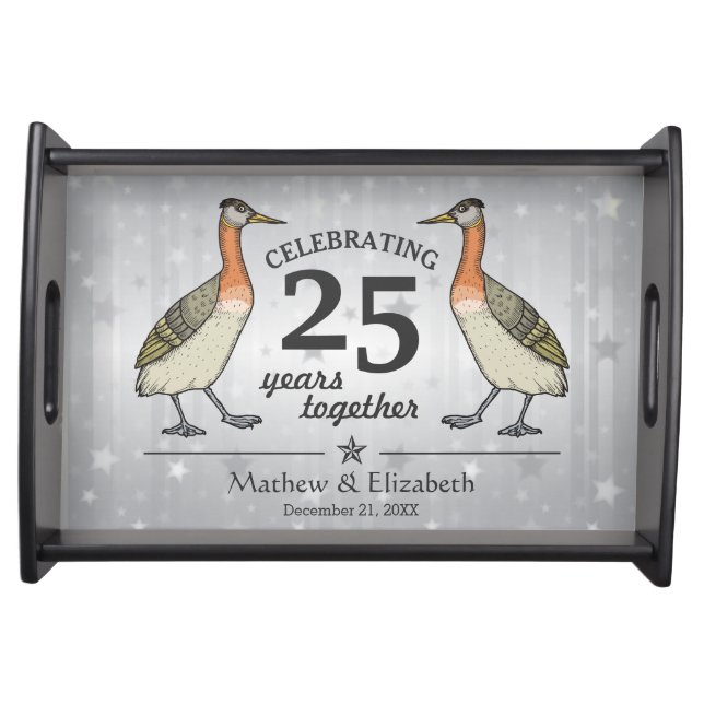 Cute Birds Custom Silver 25th Wedding Anniversary Serving Tray (Front)