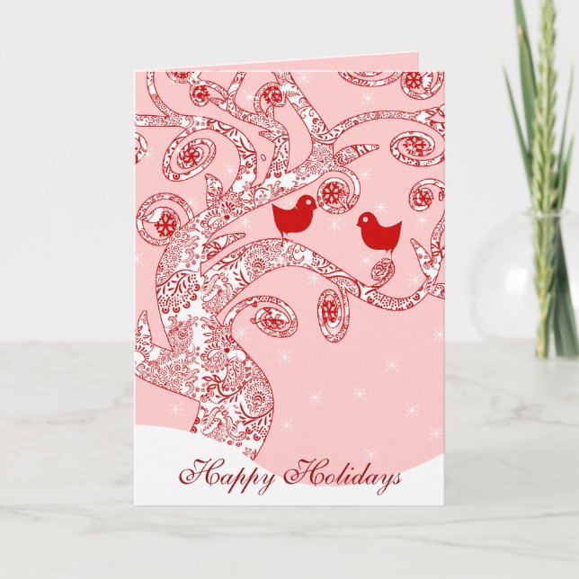 Cute Birds Damask Swirl Tree Stars Happy Holidays Holiday Card (Front)