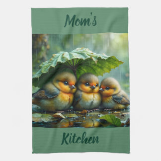 Cute birds hiding under leaf in rain, Mom Kitchen Towel
