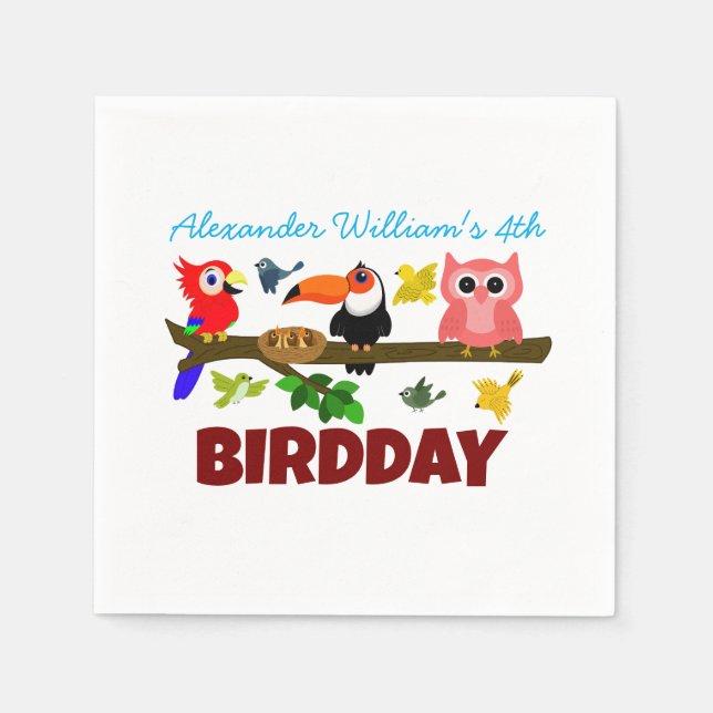 Cute Birds Illustration Bird Birthday Napkins (Front)