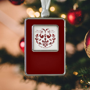 Cute Birds in Burgundy Spanish Bilingual Christmas Ornament