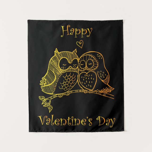 Cute Birds Love Couple Owl Romance Line Art No 3/3 Tapestry (Front)