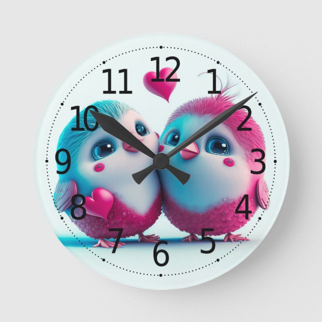 Cute Birds Love Hearts Valentine Inspired Artwork Round Clock (Front)