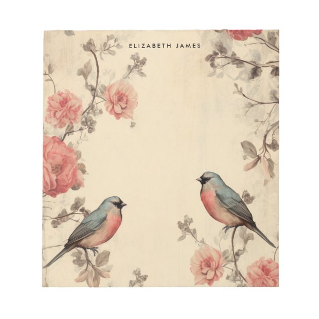 Cute Birds Lover Vintage Valentines Day Personized Notepad (Front)
