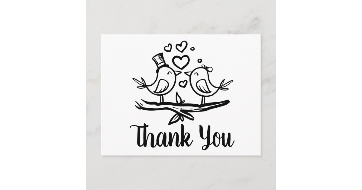 Cute Birds Loverbird Black White Wedding Thank You Postcard | Zazzle