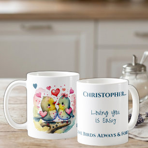 Cute birds loving you personalized name blue coffee mug