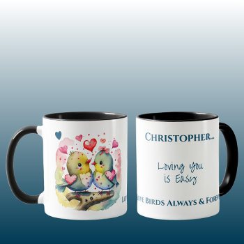 Cute Birds Loving You Personalized Name Blue Mug by LynnroseDesigns at Zazzle