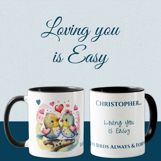 Cute birds loving you personalized name blue mug (Creator Uploaded)