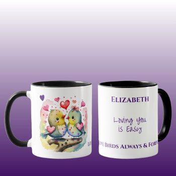Cute Birds Loving You Personalized Name Purple Mug by LynnroseDesigns at Zazzle