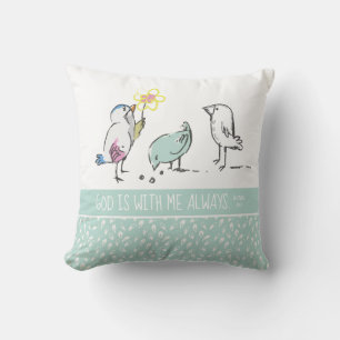 Cute Birds Matt. 28:20 God is With Me Blue Green Throw Pillow