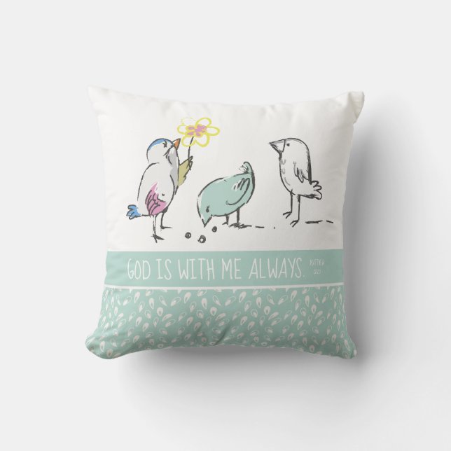 Cute Birds Matt. 28:20 God is With Me Blue Green  Throw Pillow (Front)
