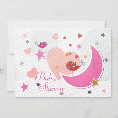 Cute Birds Moon and Stars Girl Baby Shower Invitation