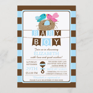 Cute Birds Nest Boys Baby Shower Invitation