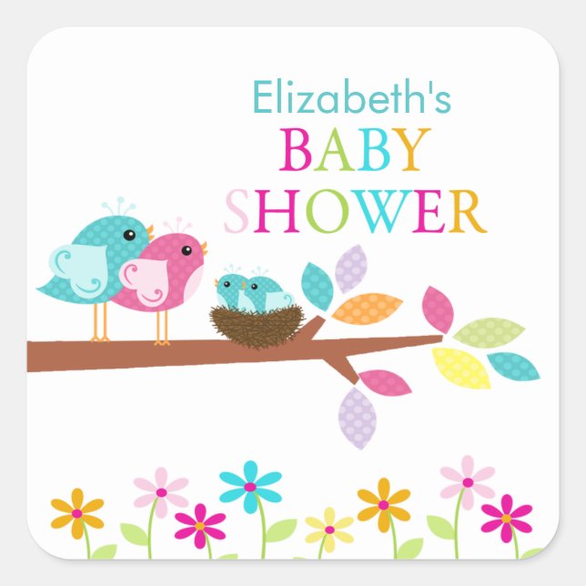 Cute Birds Nest Thank You Twins Baby Shower Square Square Sticker (Front)