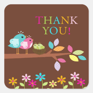 Cute Birds Nest Thank You Twins Baby Shower Square Sticker