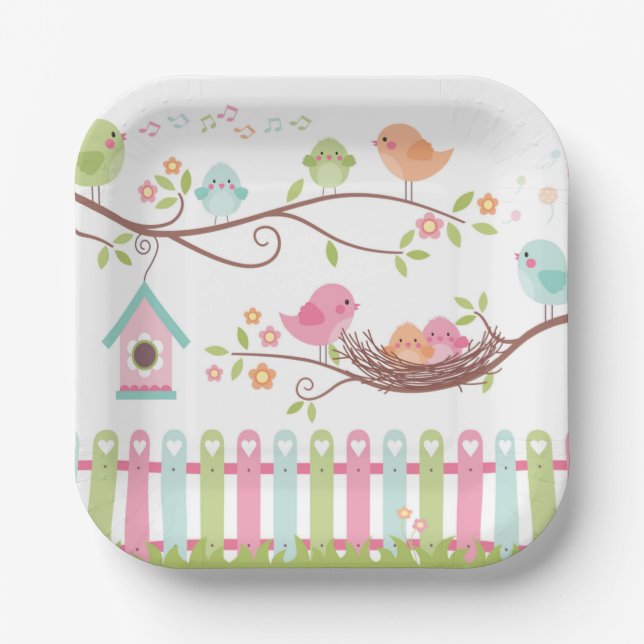 Cute Birds Nest White Paper Plates (Front)