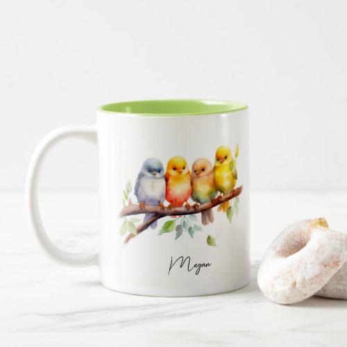 Cute Birds on a Tree Branch Two_Tone Coffee Mug