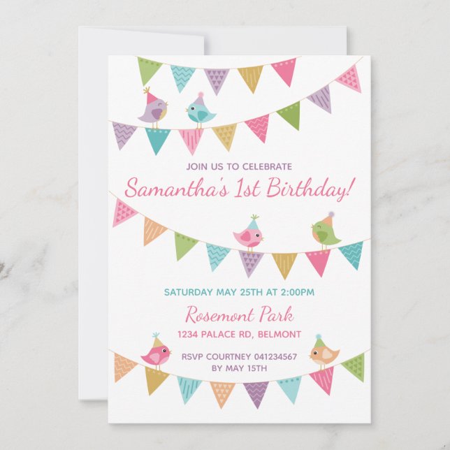 Cute Birds on Bunting Customizable Invitation (Front)