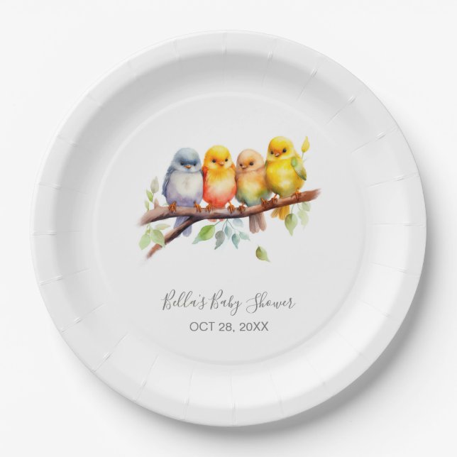Cute Birds on Tree Branch Baby Shower  Paper Plates (Front)