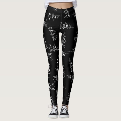 Cute Birds Owl  Bear with Night Moon Design Black Leggings