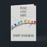 Cute Birds Peace Love Light Hanukkah  Holiday Card<br><div class="desc">Unusual cute little birds on a branch surrounded by lights. Happy Hanukkah card. Personalize to suit your own circumstances or clear the text if not required.</div>