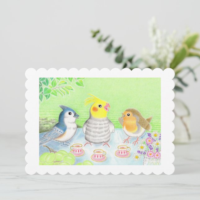 Cute Birds Tea Party Flat Card (Standing Front)