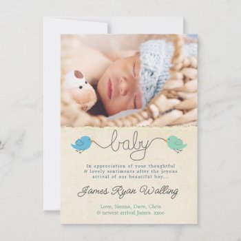 Cute Birds Thank You Note Baby Boy Photo Template by Pip_Gerard at Zazzle