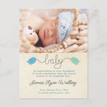 Cute Birds Thank You Note Baby Boy Photo Template Postcard by Pip_Gerard at Zazzle