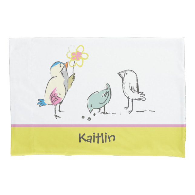 Cute Birds Whimsical Girls Personalized Pillowcase (Front)